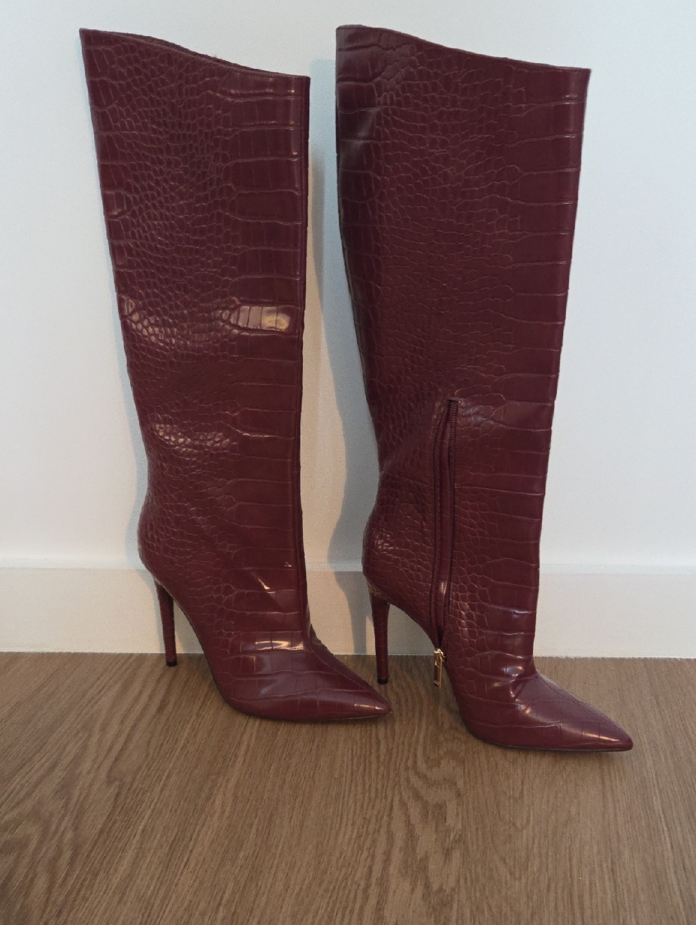 Jennifer Lopez Croc-Embossed Pointed-Toe Stiletto Over-the-Knee Boots - Burgundy